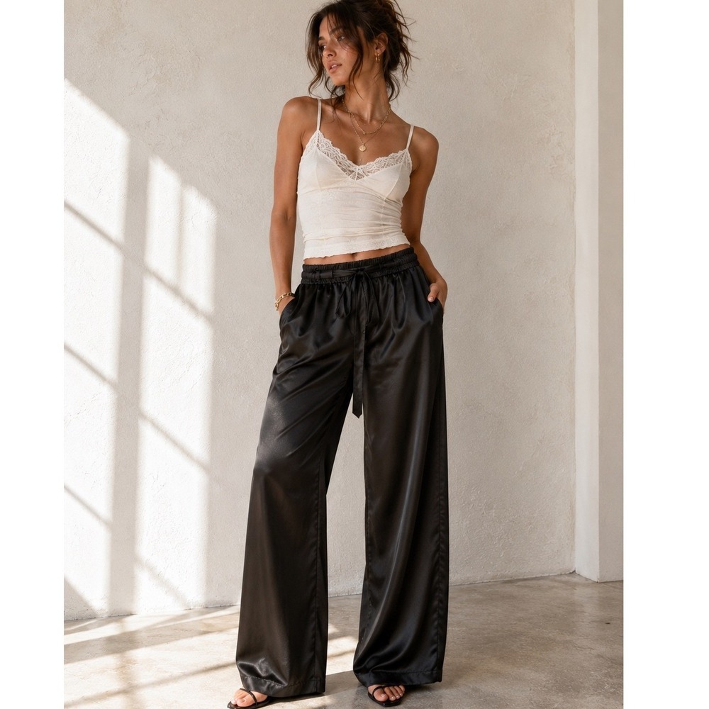 NWT Cleo Harper Wide Leg Black Satin Pants Elastic Waist Tie Belt Size Small